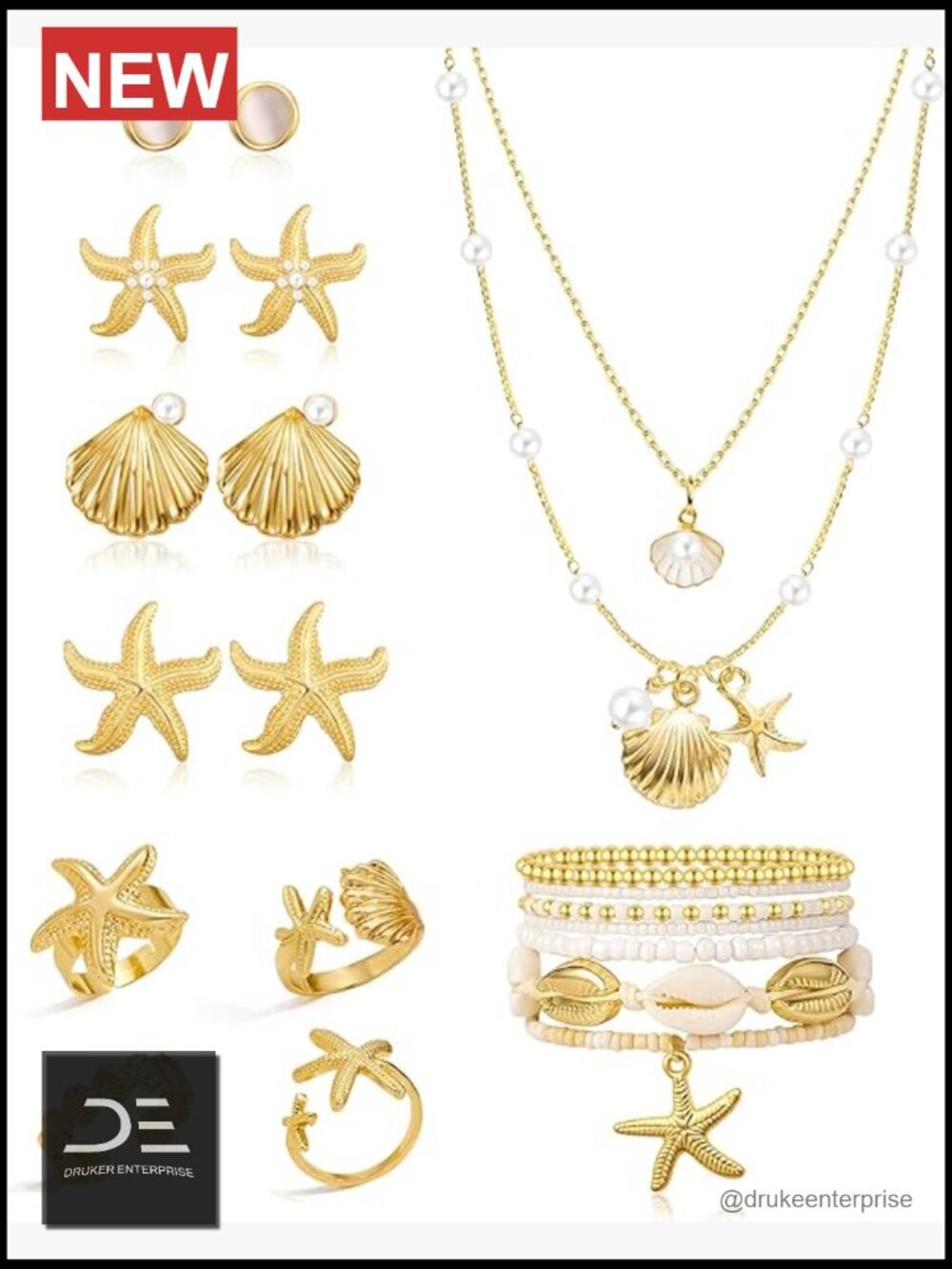 17 Pcs Beach Jewelry Set Seashell Starfish Earrings Rings Bracelet Anklet Boho